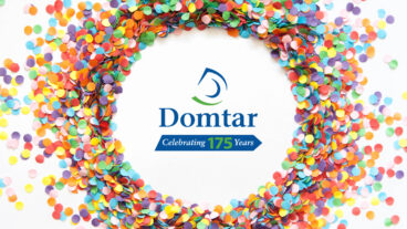 Domtar celebrates 175 years in 2023. Domtar logo with celebrating 175 years tagline on white background of with paper confetti..