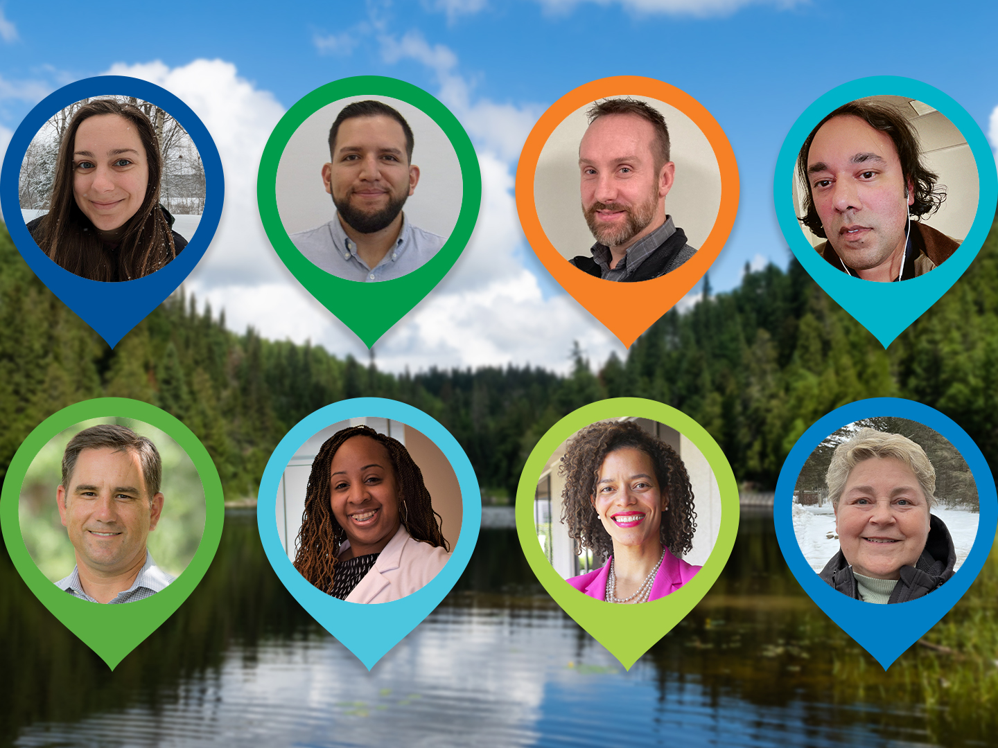 Photos of 8 Domtar employees on forest background. Read about their sustainability perspective and what caring for the environment means to them on Newsroom.Domtar.Com.