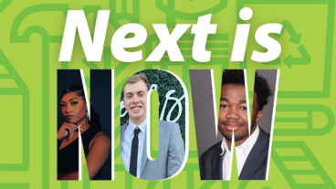 Textured light green background with darker green icons. Text overlay: Next is NOW. N includes image of a young Black woman, O includes image of a young white man, W includes image of young Black man - all interns at Domtar who shared their next-gen perspectives in this article.