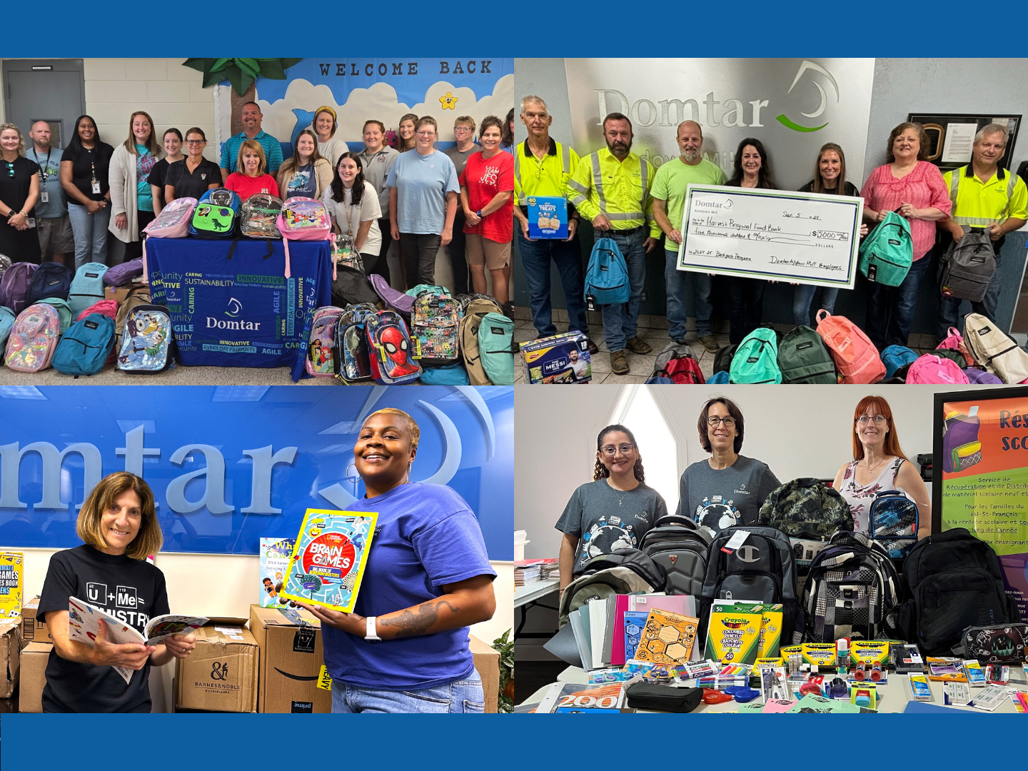 This year, our mills and colleagues worked together to make school supply donations to local schools and organizations. Photo collage of donations from four different mills to community organizations and schools.