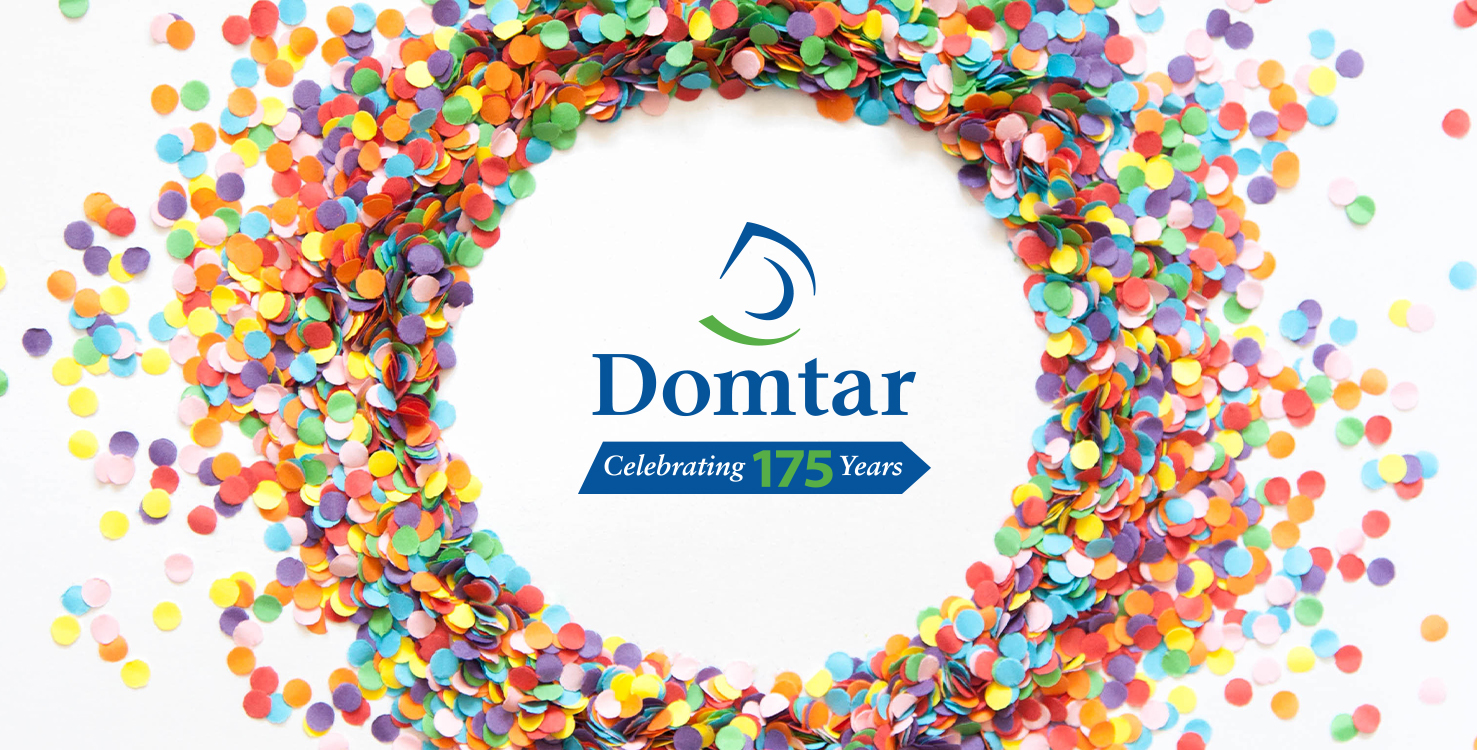 Domtar celebrates 175 years in 2023. Domtar logo with celebrating 175 years tagline on white background of with paper confetti..