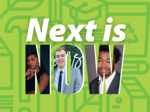 Textured light green background with darker green icons. Text overlay: Next is NOW. N includes image of a young Black woman, O includes image of a young white man, W includes image of young Black man - all interns at Domtar who shared their next-gen perspectives in this article.