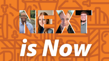 Four of Domtar's Gen Z interns from the sustainability generation - Gen Z. Their photos are superimposed on the letters NEXT with an orange, textured background. Text reads NEXT is Now.